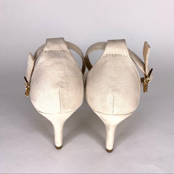 Nanette Lepore Ankle Strap Sandal ‘Beauty’ Heel Crochet Detail Faux Suede Tan 8 - Picture 11 of 14